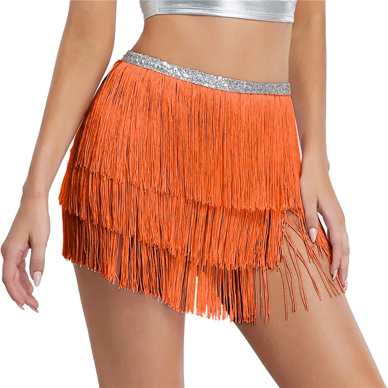 

Women Belly Sequin Skirt Dance Hip Fringe Skirt, Tassel Waist Straps Scarf Party Rave Outfit for Women and Girls