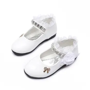 2021 New Flower Girls Shoes Spring Autumn Princess Lace PU Leather Shoes Cute Bowknot Rhinestone For 3-11 Ages Toddler Shoes 1