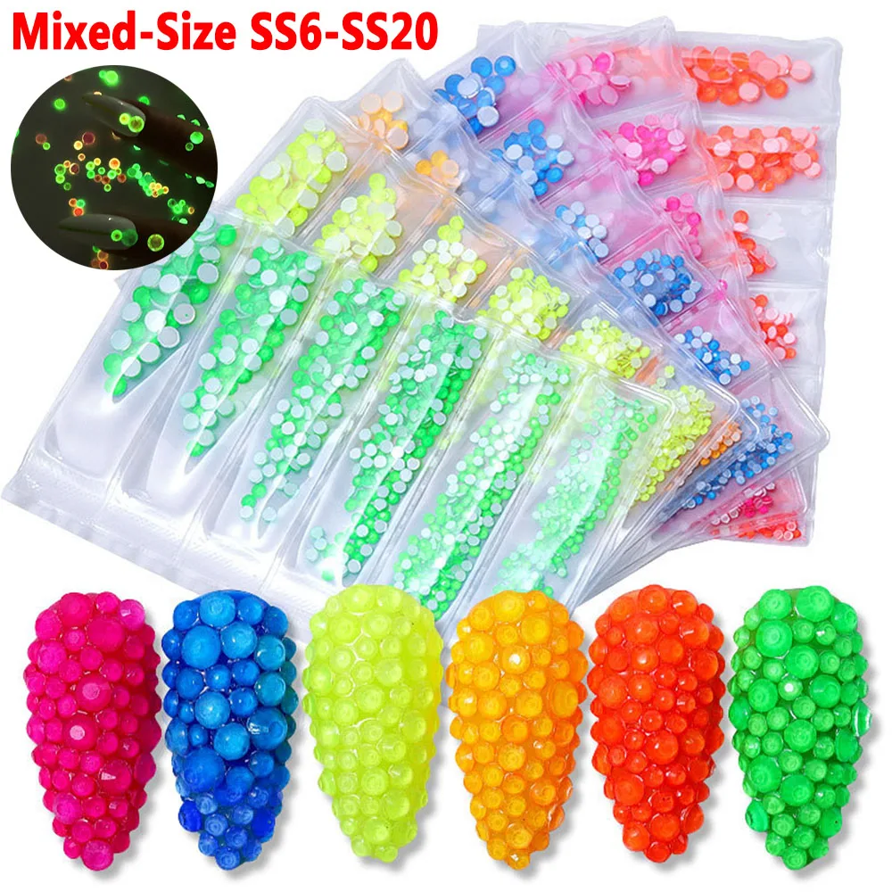 

Новинка 2020, флуоресцентные светящиеся микс SS6-SS20, неоновые Стразы без горячей фиксации, серебристые электрические украшения для ногтей, укр...