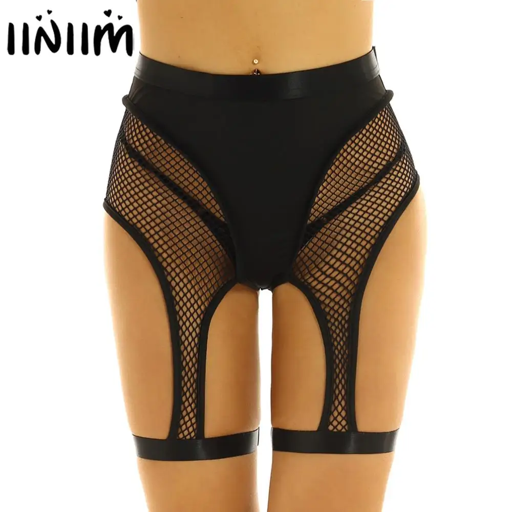 

iiniim Femme Womens Panties High-waisted See Through Fishnet Splice Cutout Legging Half Pants Booty Shorts