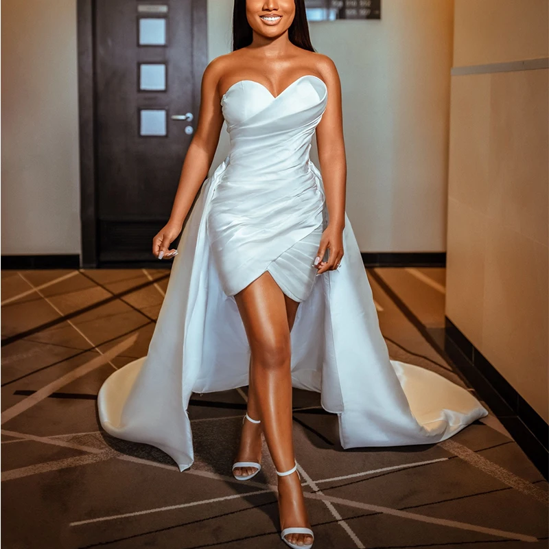 

Белое свадебное платье для невесты со съемным шлейфом и милым сердечком, Мини платье для приема для женщин со складками