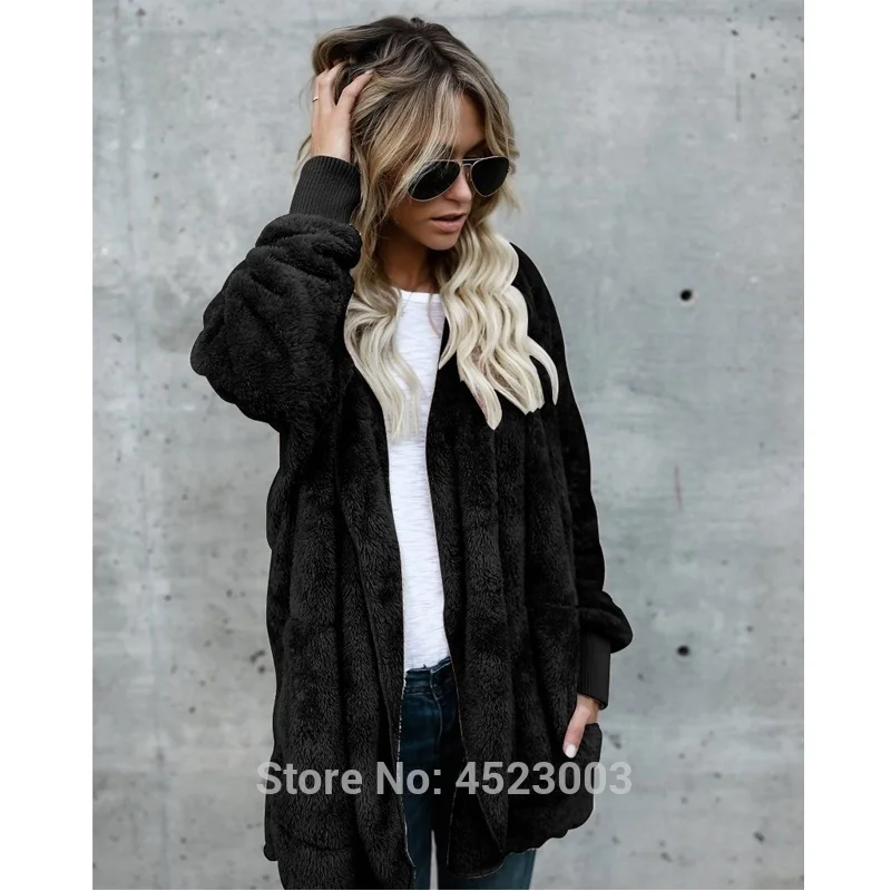Для женщин пушистый флис Свободный кардиган с капюшоном из искусственного меха