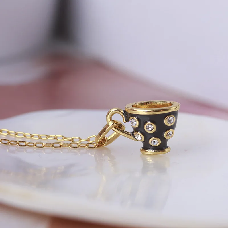 

European and American Simple Enamel Teacup Inlaid Small Diamond Small Necklace for Girls