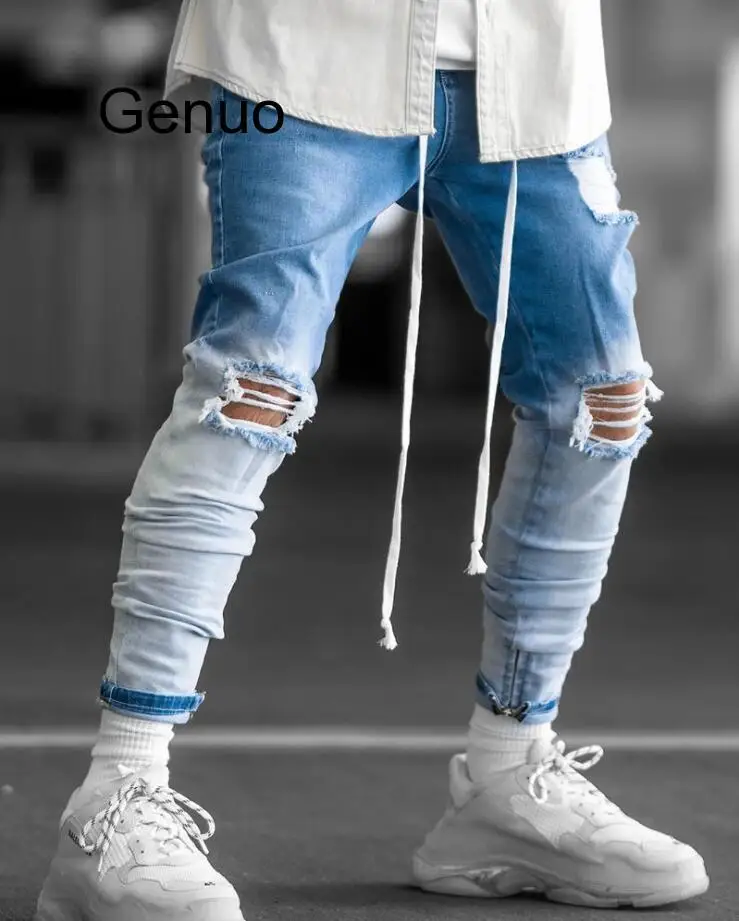 Брюки мужские джинсовые маленькие штаны молния дырки рваные черные весна