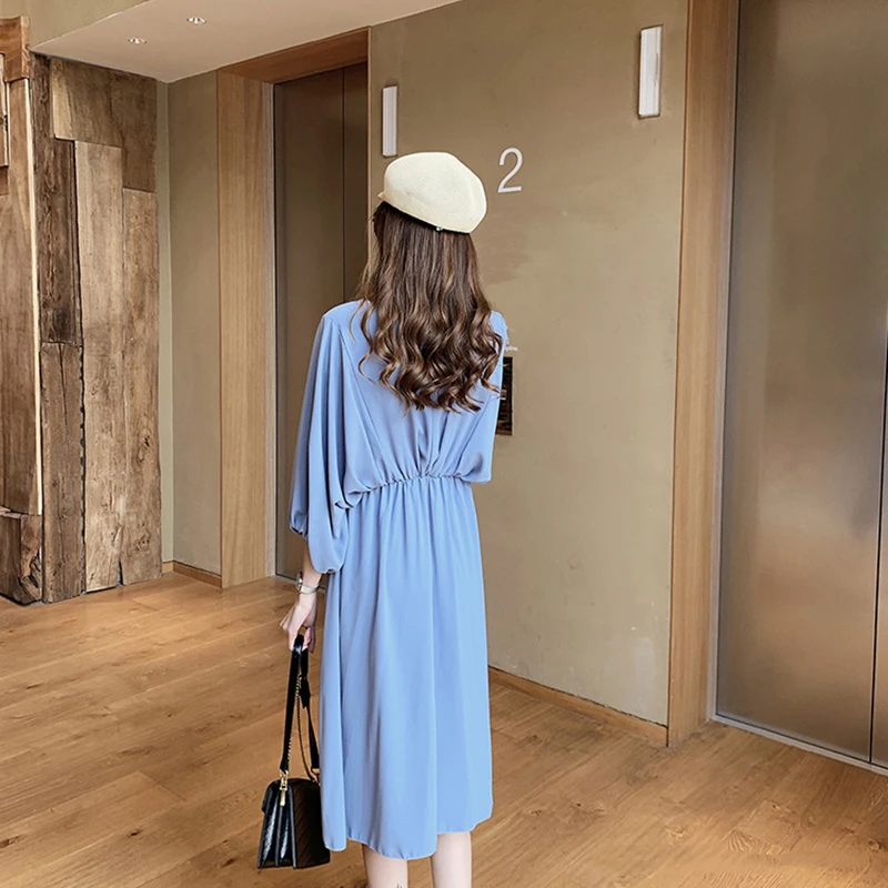 Модное однотонное женское платье с V-образным вырезом весеннее элегантное