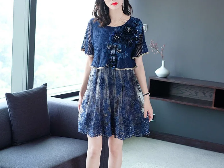 

2020 Summer Korean Womens Butterfly Short Sleeve Embrodery Appliques Dress , Woman Ladiees Patchwork 3xl Flower Dresses