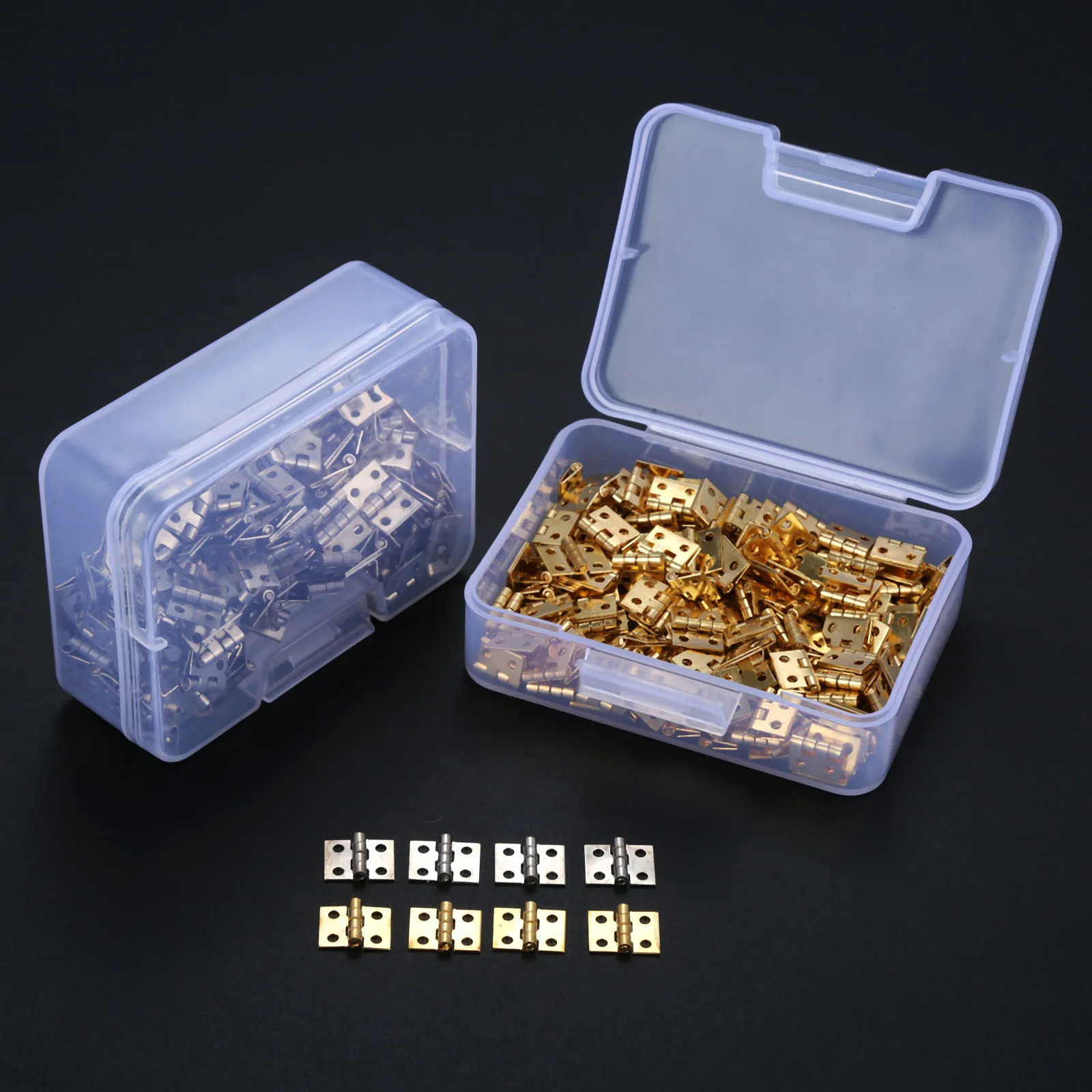 100pcs/box 8*10mm Brass Mini Hinge + Nail+Box Gold/Silver 4 Holes Cabinet Door Luggage Cupboard Decor Jewelry Wood Wine Box