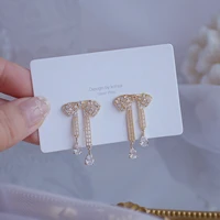 exquisite copper inlaid zirconium sweet bow earrings 14k real gold plated womens prom party wedding earrings korean jewelry