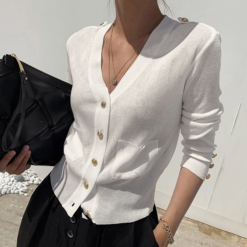 

ONALIPPA Sweater Woman Korean Chic Autumn Temperament Elegant V-neck Chic Double Pockets Loose Long-sleeved Knitted Cardigan Top