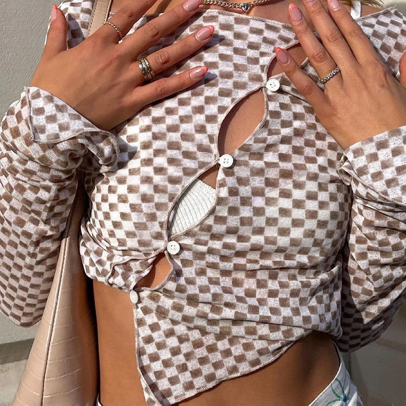 

2021 Fashion Plaid y2k Crop Top Hollow Out Sexy T Shirt Long Sleeve Button Pullovers Women Retro Casual Harajuku Tee Autumn