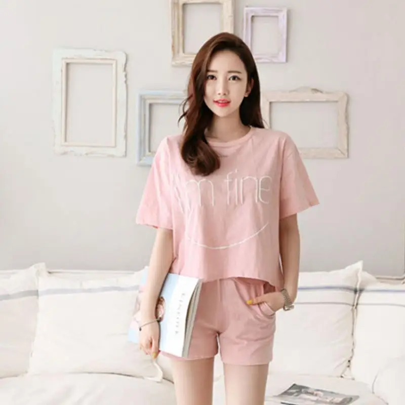 

Women Pajamas Fashion Casual Printed Round Neck Short Sleeve Shorts Cute Pajamas Set 2 /pce Set
