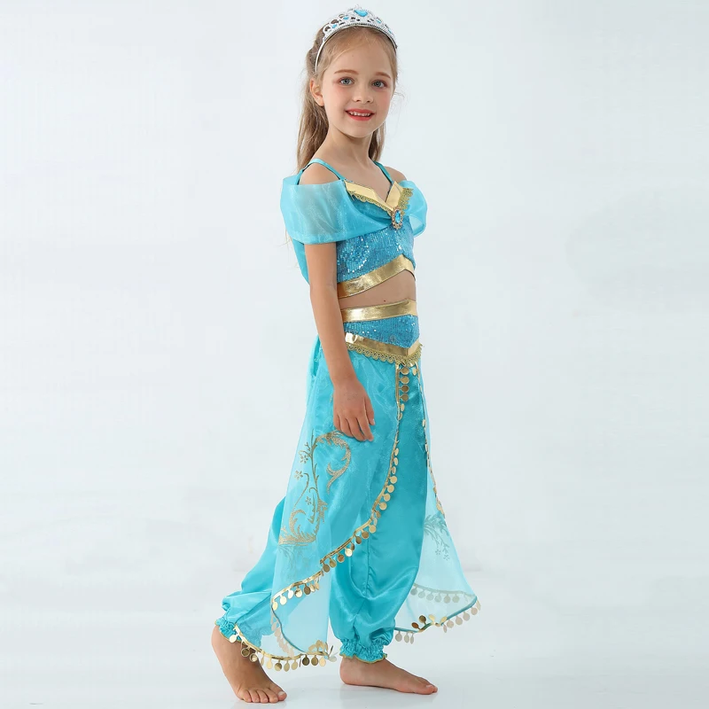 Летнее платье для девочек, Принцесса Жасмин, танцевальный костюм, Аладдин, Рождественский костюм на Хэллоуин, костюм для выступлений, топ, юбка, штаны, комплект из двух предметов