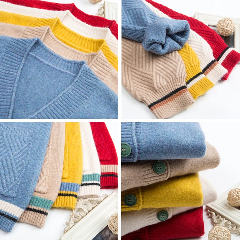 

Casual Stripes Colored Button V-Neck Women Cardigan With Pocket Harajuku Knitted Coat Korean Fashion Knitwear Tops Female