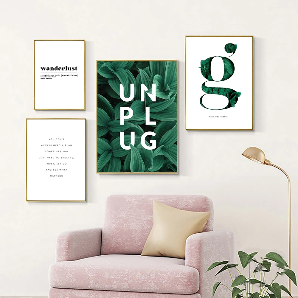 Картины с буквами в простом стиле постер на холсте рисунком зеленых растений