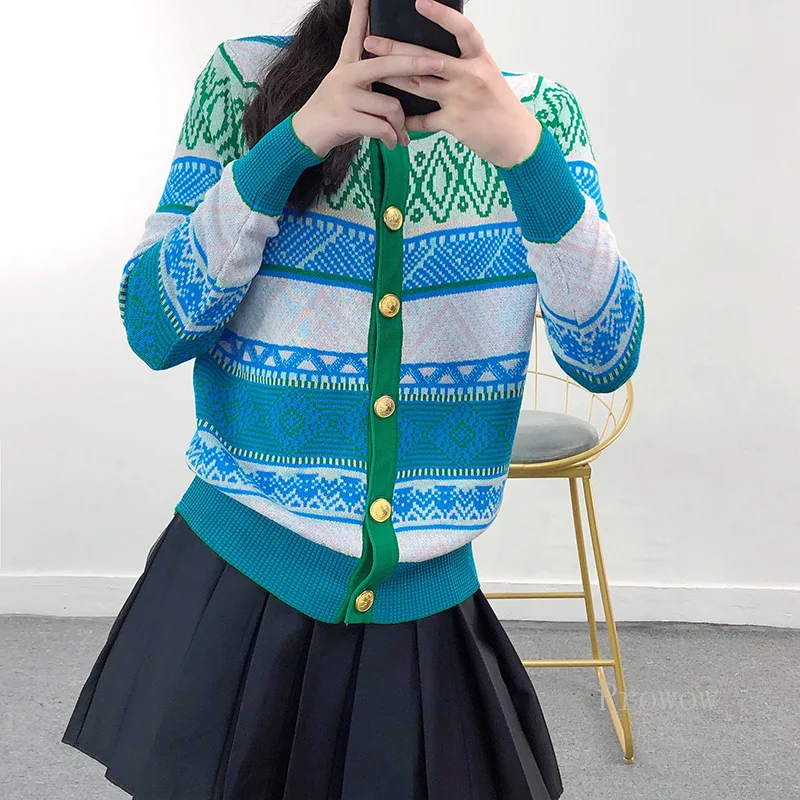

Contrast Striped Cardigan Sweater 2021 Autumn Fashion Knitted Cardigan Women Round Neck Long-sleeved Loose Knitwear