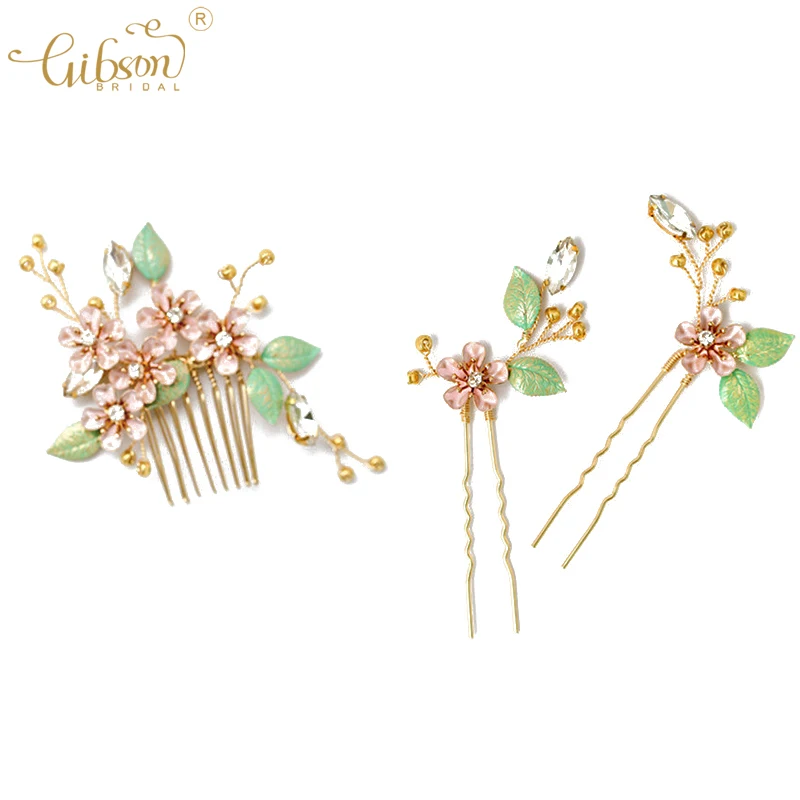 

Sweet Girls Headpiece Cherry Pink Enamel Floral Green Leaves Costume Accessories Hair Comb Pins For Bridal Wedding Jewelry