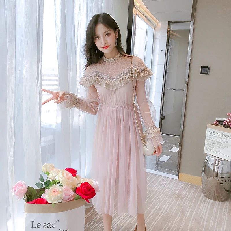 

New 2019 Spring Autumn Women dress Flare Sleeve Patchwork Mesh Turtleneck Half A High-end French Lace Dresses Blue Apricot 9086
