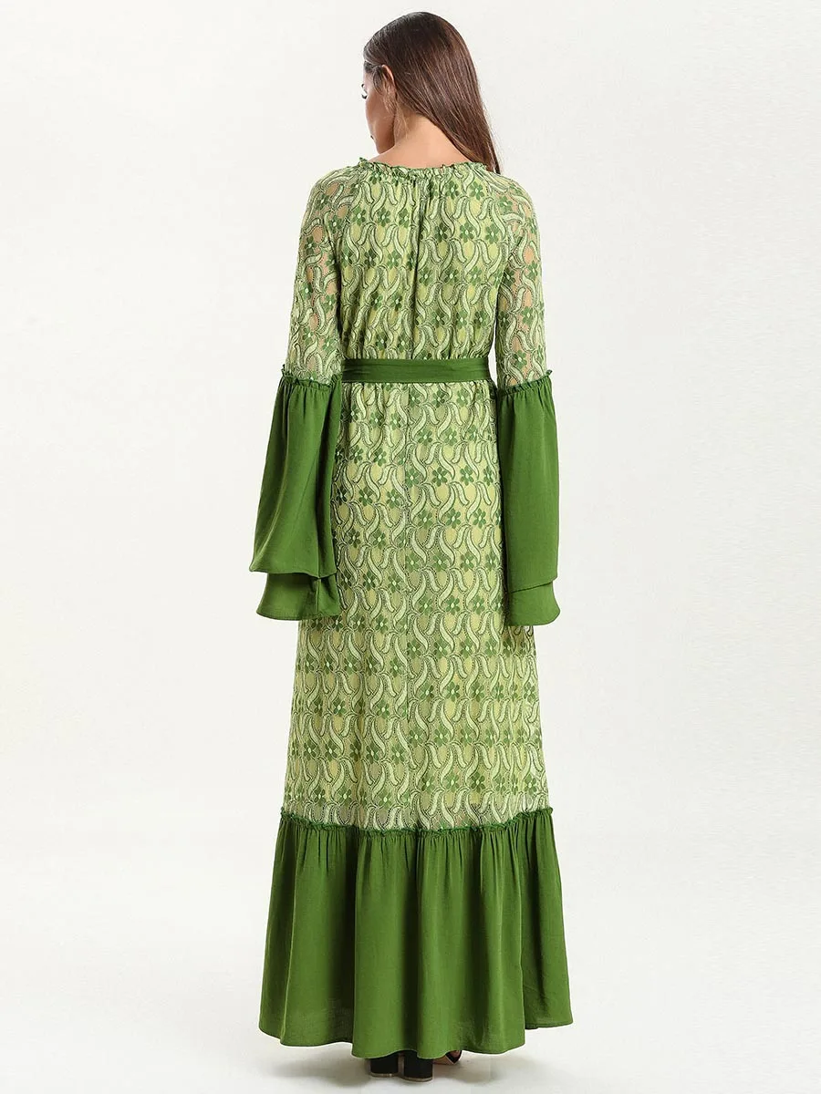

Women Muslim Dress Bell Sleeve Lace Long Dress Muslim Embroidery Maxi Robe Arab Jilbab Gown Islamic Turkey Clothing M-4XL SL1498