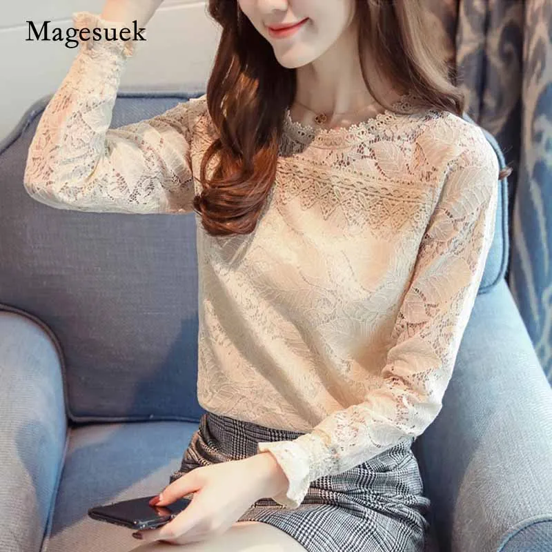 

2020 Puff Sleeve Round Collar Long Sleeves Slim Lace Women Blouses Solid Lace Sweet Clothing Blusas Blusas Mujer De Moda C900