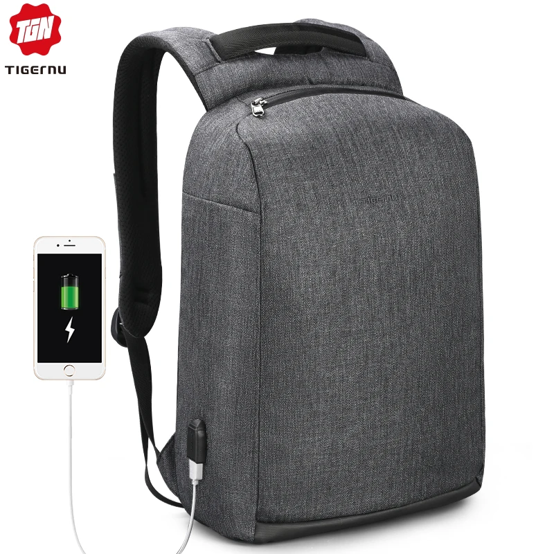 Black grey Tigernu рюкзак с защитой от кражи, USB зарядка, рюкзак для ноутбука, водонепроницаемый рюкзак для путешествий, мужской повседневный рюкзак для мужчин - Цвет: Black grey
