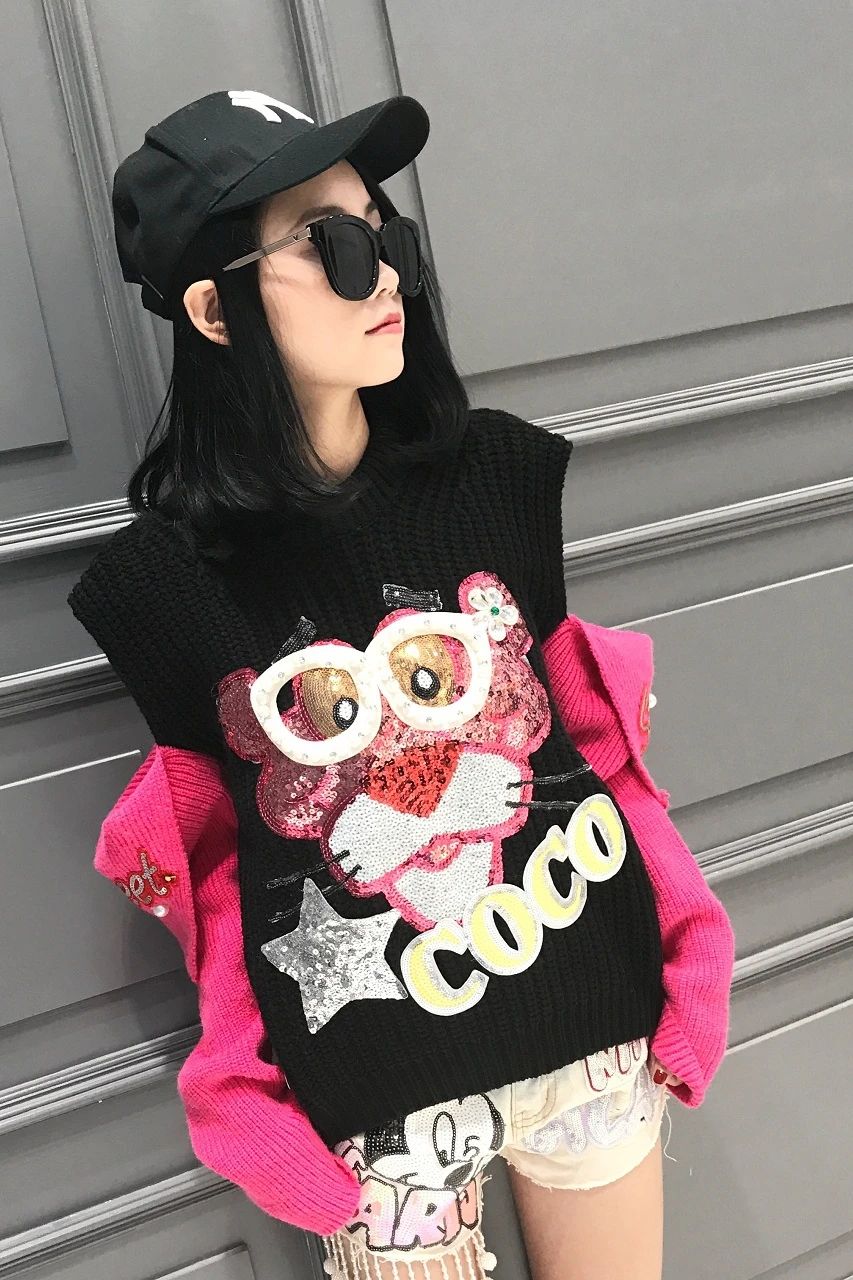 

Sweater women's 2020 autumn and winter new original Thai fashion brand sequins beaded hit color sweet off-shoulder slim top