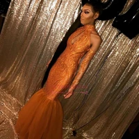 sexy orange strapless mermaid prom dresses 2020 halter sleeveless reflective dresses soft tulle evening dresses