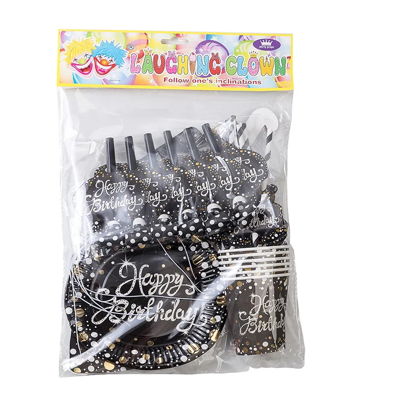 

36Pcs/set Bronzing Black Happy Birthday Theme Party Supplies Paper Cup Straws Hats Party Glasses Kid Toy Baby Shower Decor