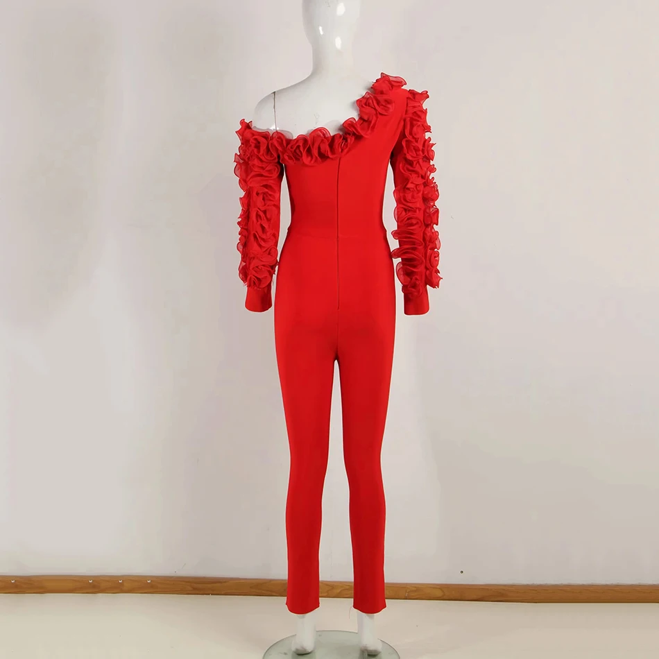 

2019 Winter New Fashion Irregular Collar Overalls Long-Sleeved Solid Color Ruffled Elegant Jumpsuit Wholesale