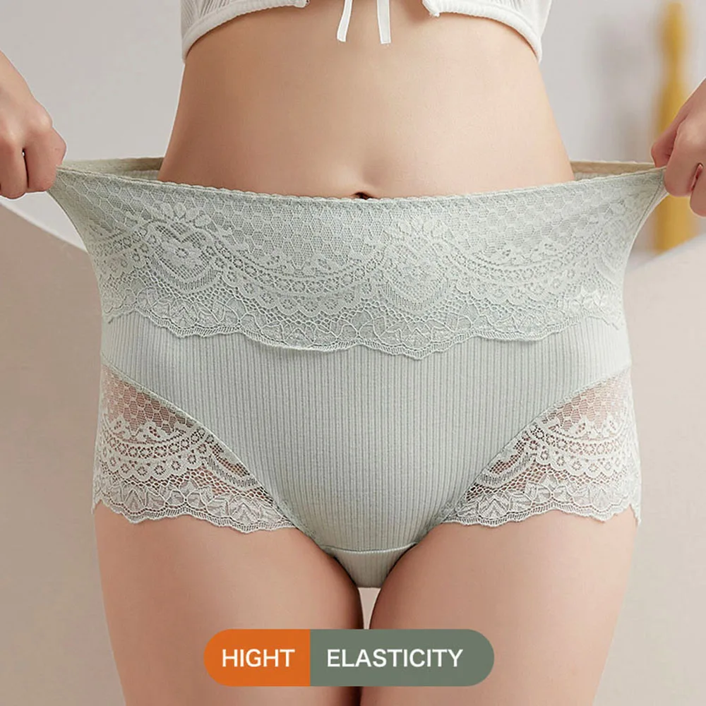 4pcs High-Rise Women's Cotton Panties Sexy Lace Underwear Seamless Tummy Briefs Solid Color Ladies Antibacterial Triangle Shorts
