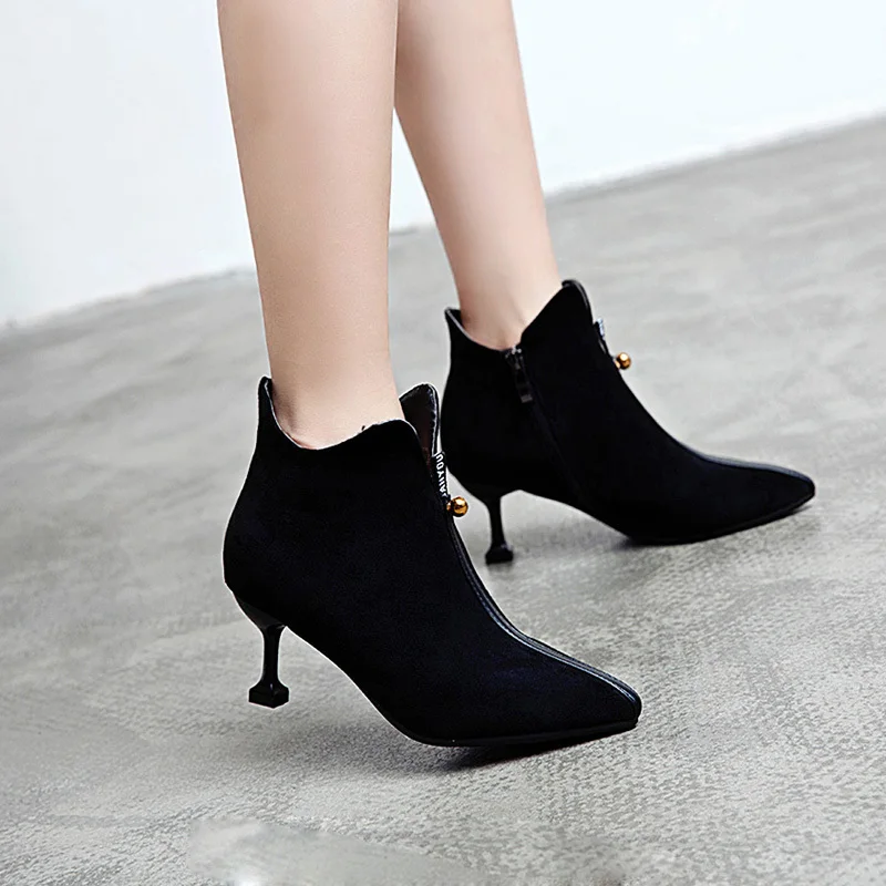 Черные женские ботильоны на высоком каблуке 2019 г. Женские ботинки молнии тонком 6