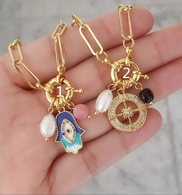 

5Pcs/Lot Blue Rainbow Enamel Hamsa Hand Charms Pendant Necklace Fashion Women Gold Oval Metal Chains Rock Necklace Jewelry