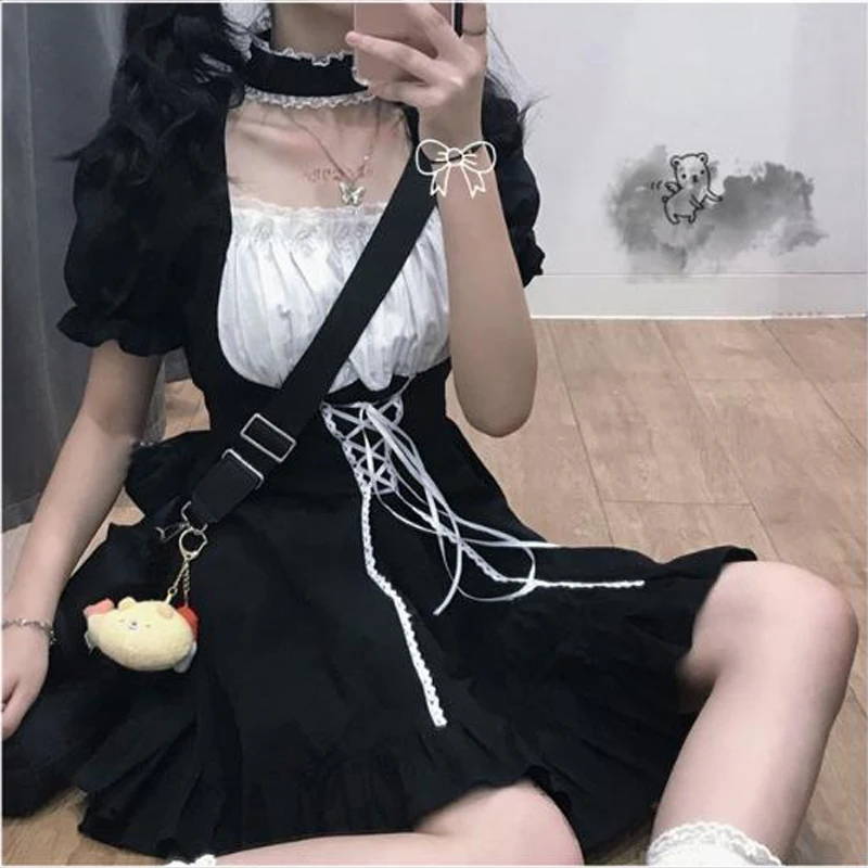 

GothGotik Black Goth Lolita Dress For Woman Girls Puff Sleeve Gothic Maid Square Collar Outfit Maid Halloween Costumes Summer
