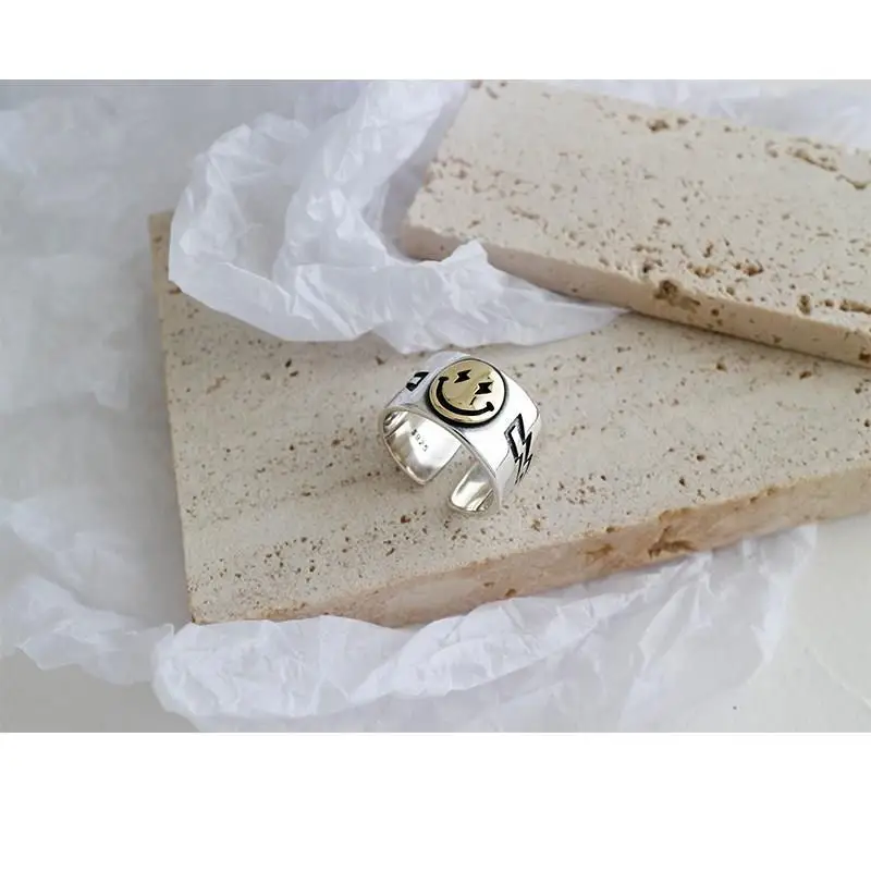 Punk Ancient Silver Color Happy Smiling Face Open Rings for Women Adjustable Stackable Link Twisted Ring Fashion Jewelry | Украшения и