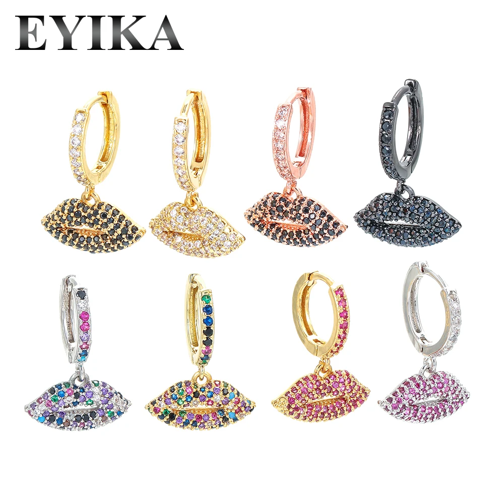 

EYIKA 1 Piece Trendy Red Lips Small Hoop Earring Women Gold Silver Black Color Rainbow CZ Statement Jewelry Charms Aros Mujer