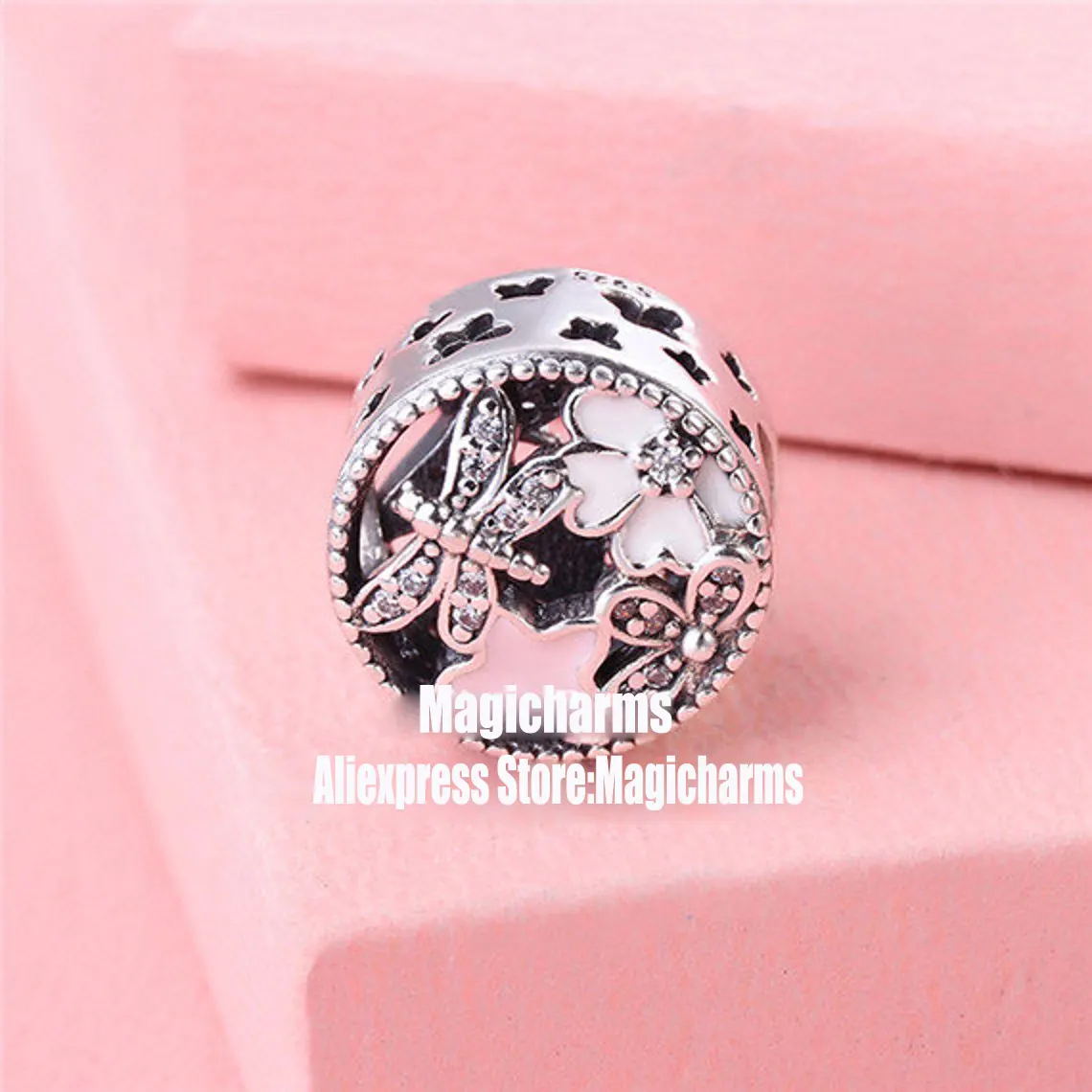 

925 Sterling Silver Springtim Charm with Pink Enamel & Clear Cz Charm beads Fits All European Bracelets Necklaces