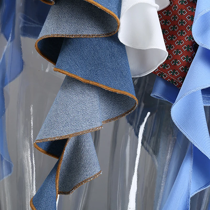 

Tassel Denim Patchwork Asymmetrical Long Blouse Shirts Women Lapel Long Sleeve Loose Fit Casual Spring High Street Fashion Blusa