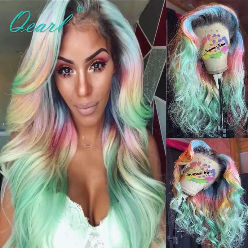 

Ombre Colored 30inc Lace Front Wig 13x4/13x6 Loose Wave Lace Frontal Wigs Green Pink Women"s Hairs Remy Hair Glueless 150% Qearl