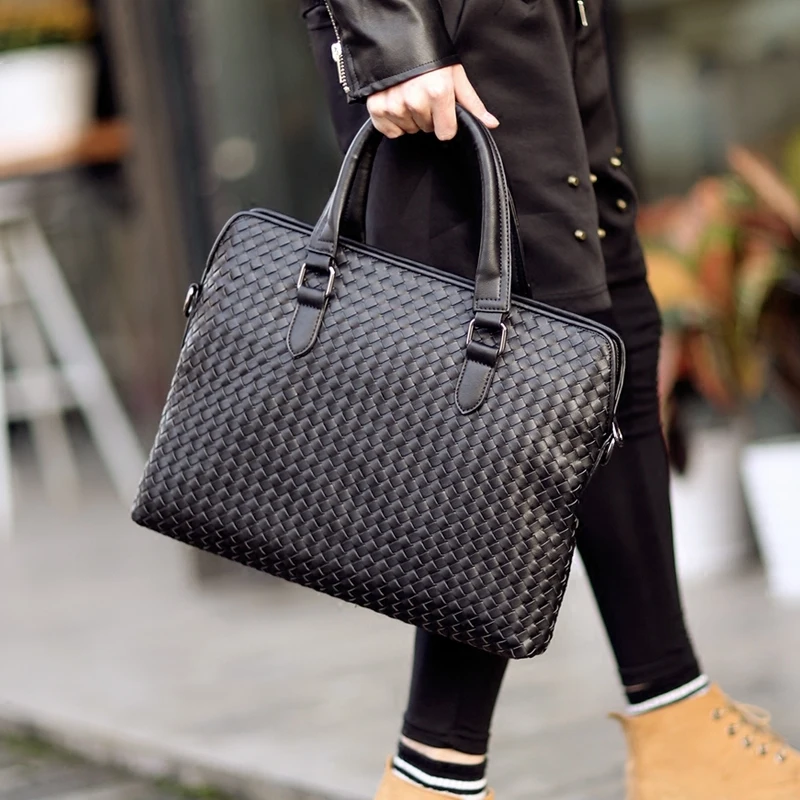 

Men's Business Briefcase Leather Handbag British Horizontal Style Woven Hand Carry Bag Fashion Cross Body Computer Bag