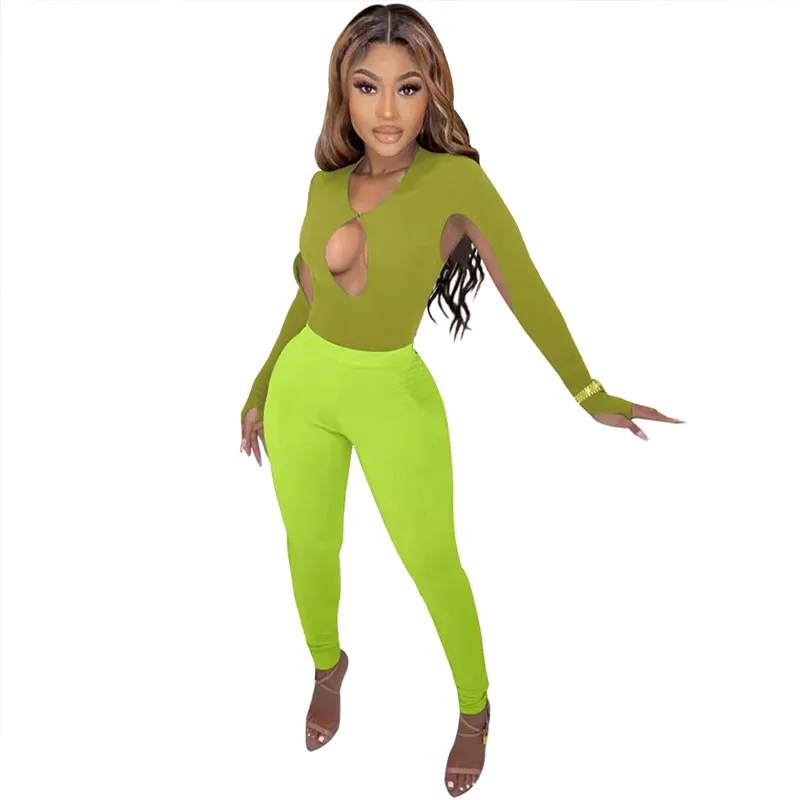 

2 Pieces Set Women Bodycon O-Neck Hollow Out Topas Fluorescent Green Pants Sportwear Set Chic Outwear Sexy Club Bandage Suit