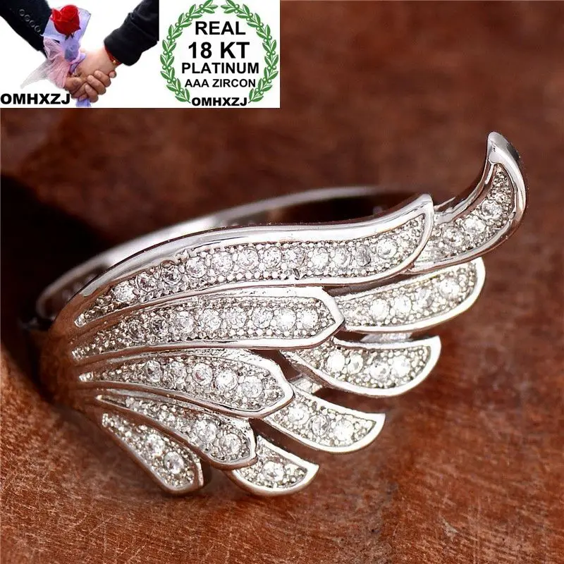 

OMHXZJ Wholesale European Fashion Woman Man Party Wedding Gift Luxury Wing White AAA Zircon 18KT White Gold Ring RR657