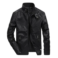 mens leather jacket fashion stand up collar zipper pocket winter plus velvet black pu jacket
