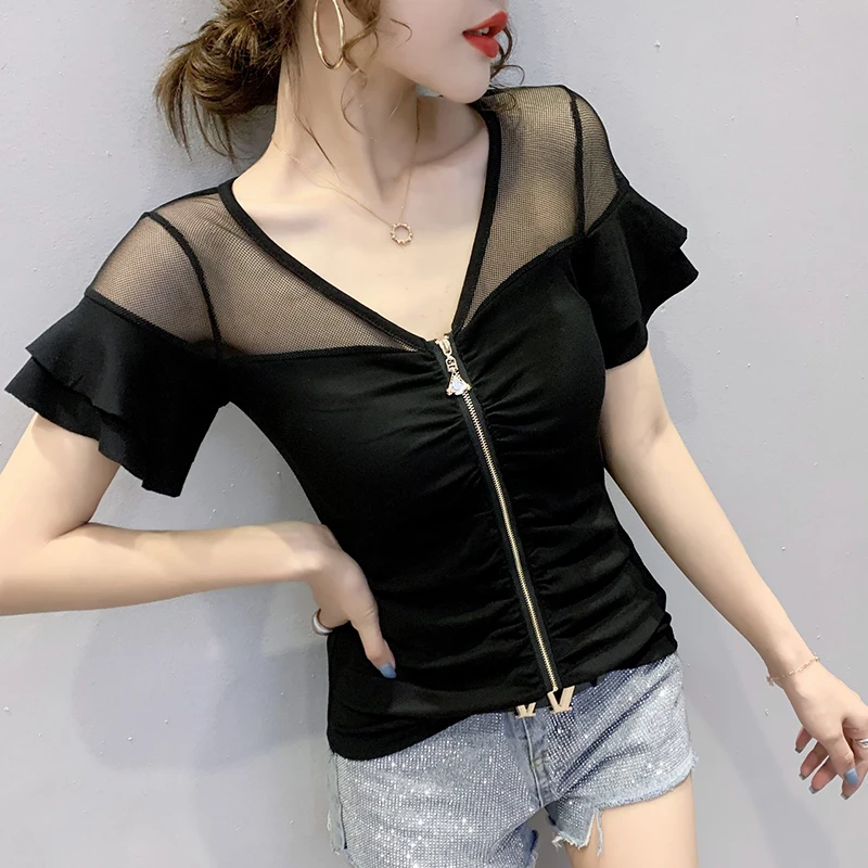 

Fairy Summer Sexy Small Unlined Upper Garment Zipper Close Knit Gauze Perspective Cultivate One'S Morality Short Sleeve T-Shirt