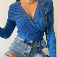 women solid color t shirt loose top deep v neck long sleeve wild pullover us1