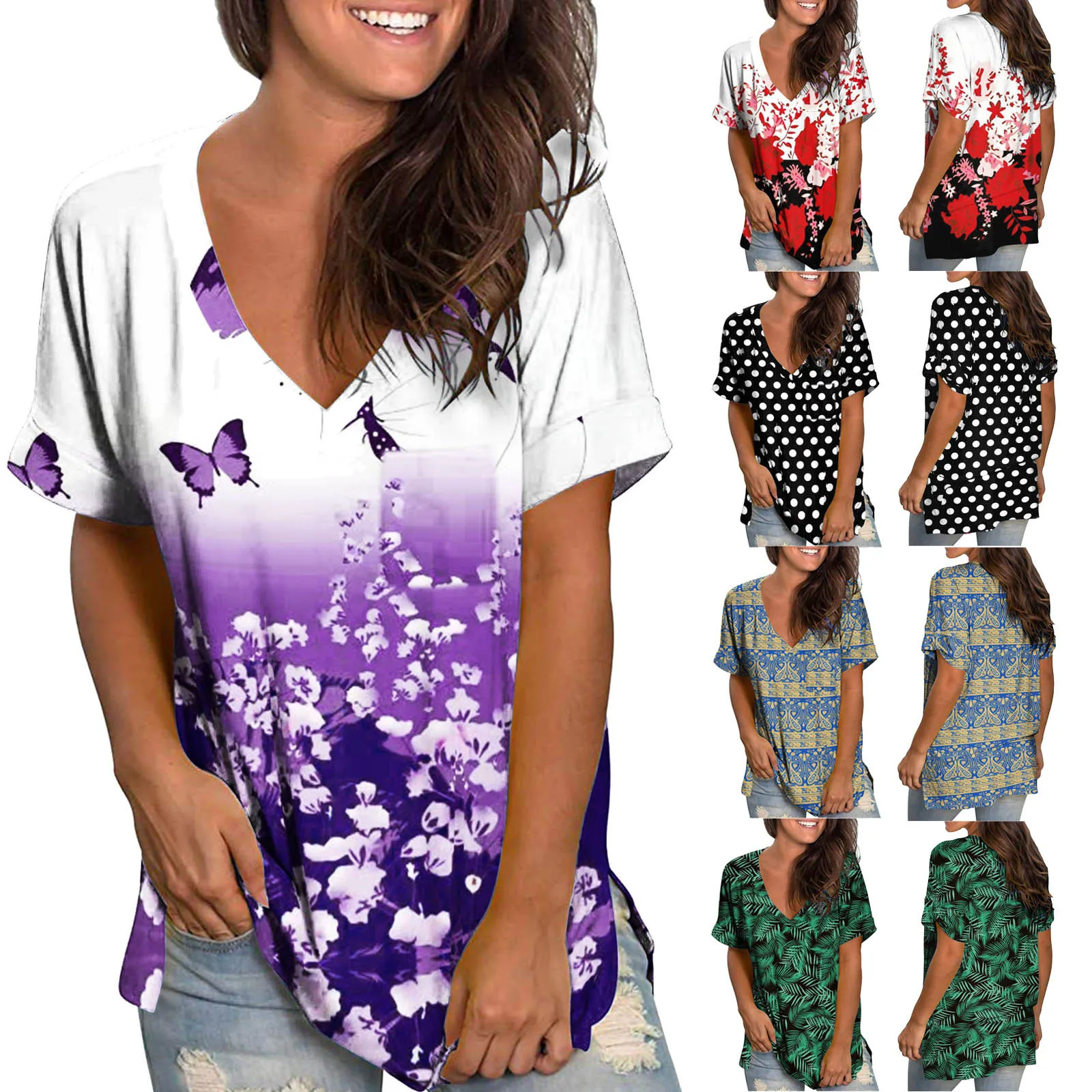 

Блузка женская с коротким рукавом и V-образным вырезом, модная Повседневная Туника с принтом бабочки, топ с карманами, на лето