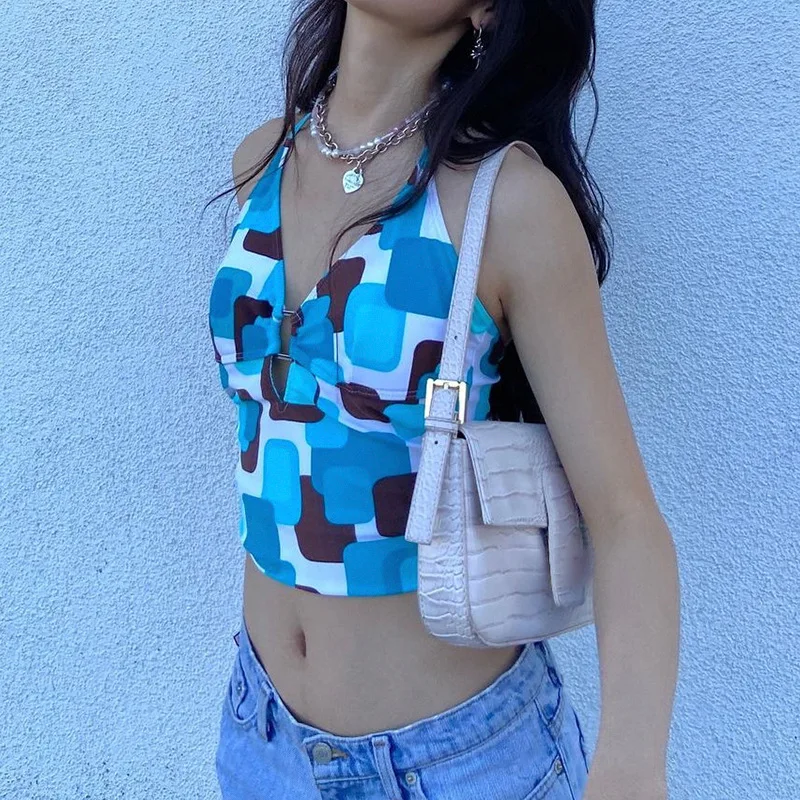 

Укороченный топ на бретельках для женщин, облегающий Топ без рукавов с геометрическим принтом и вырезом, модная женская одежда для лета