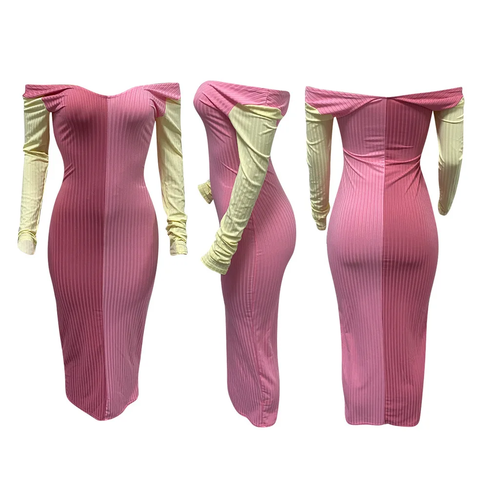 

Color Block Splice Ribbed Bandage Long Dress Women Off Shoulder Long Sleeve Skinny Dresses Autumn Fall Stretchy Club Party Dress