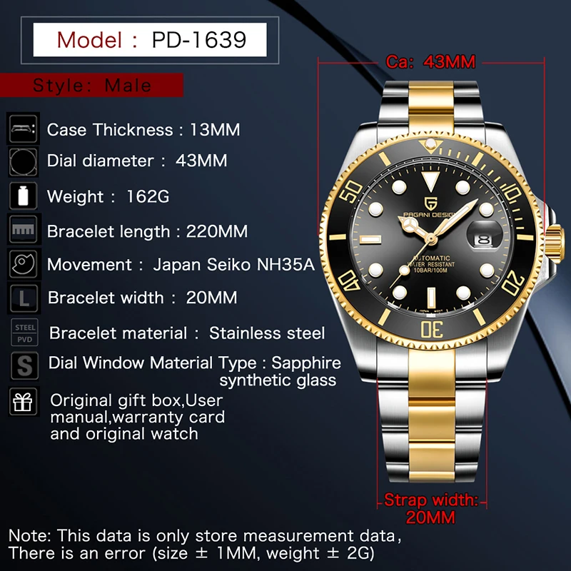 

PAGANI DESIGN Stainless Steel Men's Automatic Mechanical Watch Sports Waterproof 100M Business Luminous