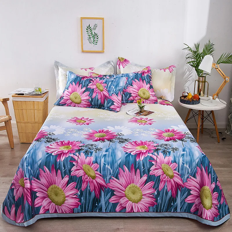 

Nordic Style Flower Leaves Summer Ice Silk Cool Mat Bed Mattress Cover Sheet Pillowcase 3pcs/set Adults Sleeping Bed Mat Set