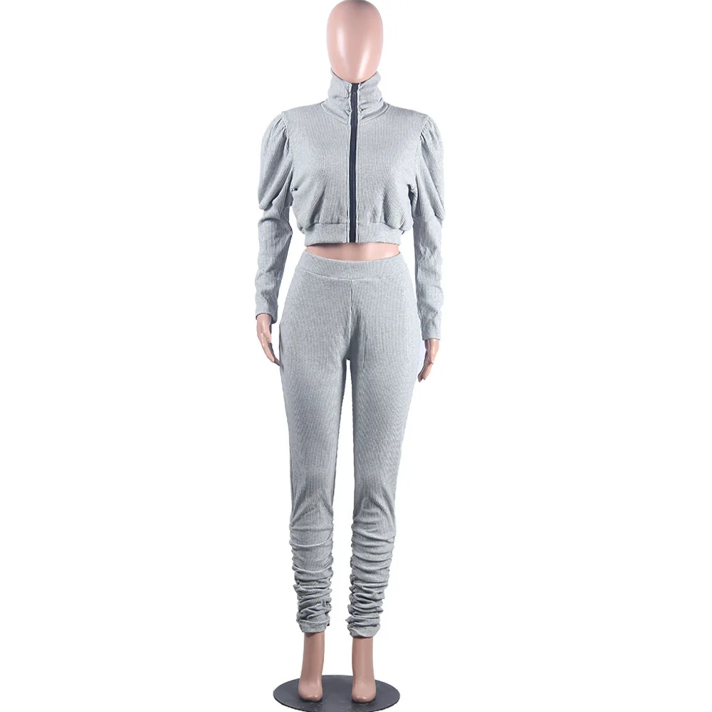 

Solid Color Two Piece Tracksuit Set Women Clothes Matching Sets Zipper Crop Tops and Bodycon High Waist Pant Womens Outfits 2021