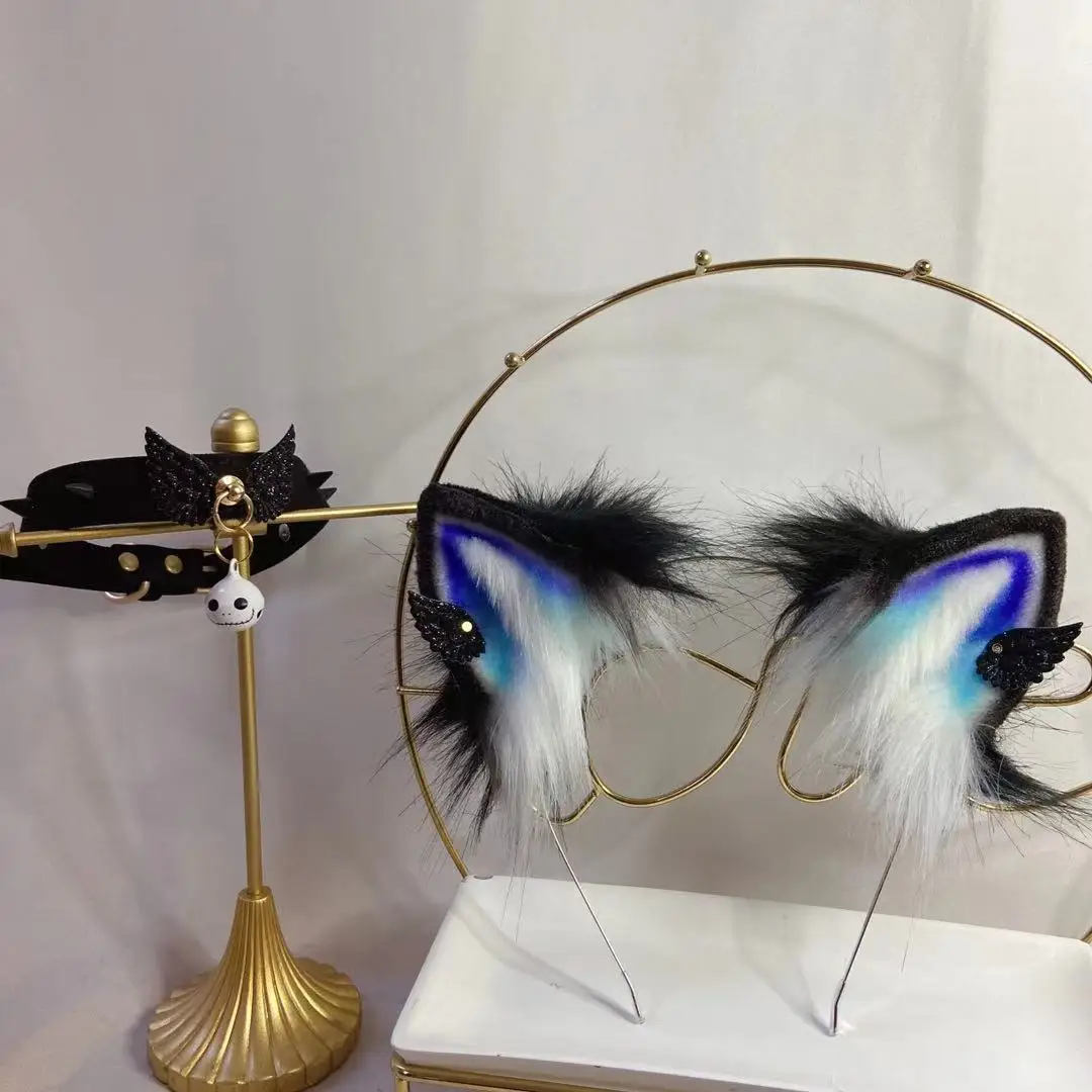 

New Hand Made Work Black Wing Cat Ears Headwear Hair Hoop Necklace KC Lolita Cosplay Accessories Halloween Prop
